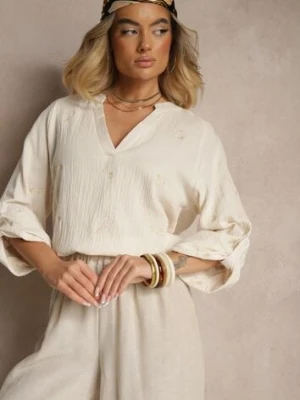 Jasnobeżowa Bluzka z Bawełny z Dekoltem w Kształcie Litery V i Kwiatowym Haftem Lisorella h&s