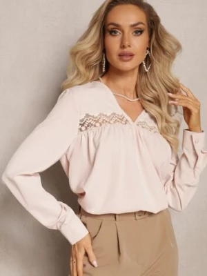 Jasnobeżowa Bluzka z Haftem i Długim Rękawem Khodi elsa.m by may