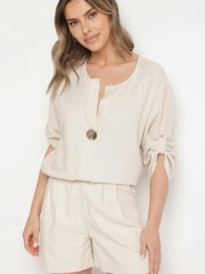 Jasnobeżowa Bluzka z Lnem o Kroju Oversize Zdobiona Metaliczną Aplikacją Soffie melya by melody