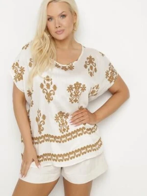 Jasnobeżowa Bluzka z Wiskozy we Wzór w Stylu Boho Lunaseia j&x