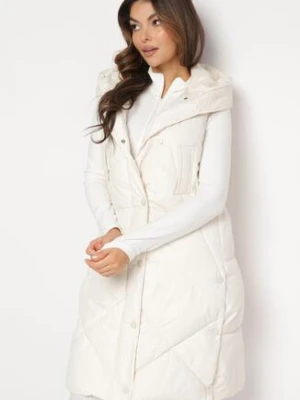 Jasnobeżowa Długa Kamizelka z Nieodpinanym Kapturem i Wsuwanymi Kieszeniami Almanessa