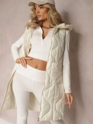 Jasnobeżowa Długa Kamizelka z Wsuwanymi Kieszeniami i Kapturem Manzella