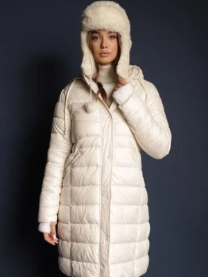 Jasnobeżowa Długa Kurtka z Kapturem i Dwustronnym Suwakiem Zdobiona Pikowaniem Sanvela