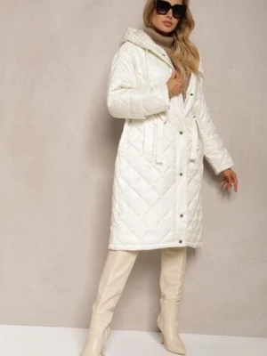 Jasnobeżowa Długa Kurtka z Kapturem i Paskiem w Talii Zdobiona Pikowanymi Przeszyciami Nikilya ann gissy