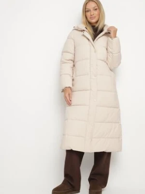 Jasnobeżowa Długa Pikowana Kurtka z Kapturem Afarriva melya by melody