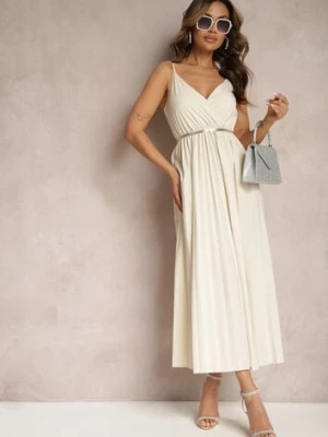 Jasnobeżowa Długa Sukienka Kopertowa o Rozkloszowanym Kroju na Ramiączkach Kaemera cflo