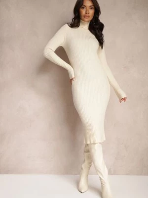 Jasnobeżowa Dopasowana Prążkowana Sukienka Sweterkowa z Golfem Wełną Bawełną i Kaszmirem Vaiovia