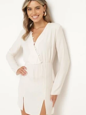 Jasnobeżowa Dopasowana Sukienka z Gumką w Pasie Zapinana na Guziki Dimma lefon