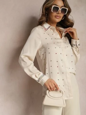 Jasnobeżowa Elegancka Koszula z Długim Rękawem z Błyszczącymi Ćwiekami i Cyrkoniami Ednasia elsa.m by may