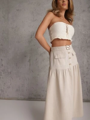 Jasnobeżowa Elegancka Spódnica z Wiskozą i Lnem o Rozkloszowanym Kroju Phridoe m&d fashion