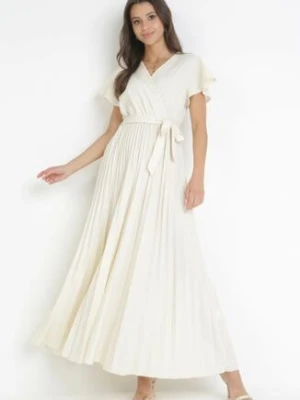 Jasnobeżowa Elegancka Sukienka Maxi w Plisy z Kopertowym Dekoltem i Wiązaniem Thessi cflo