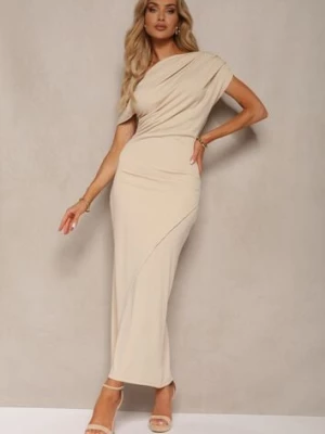 Jasnobeżowa Elegancka Sukienka o Dopasowanym Kroju na Jedno Ramię z Wycięciem na Nogę Dimatta bisou's project