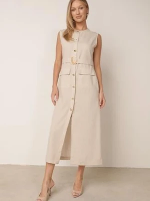 Jasnobeżowa Elegancka Sukienka z Wiskozą i Lnem Zdobiona Paskiem z Aplikacją Pimeine m&d fashion