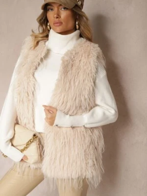 Jasnobeżowa Futerkowa Kamizelka o Prostym Kroju z Kieszeniami Venialith