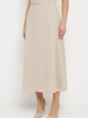 Jasnobeżowa Gładka Spódnica Maxi z Gumką w Pasie i Klamrą Orirsa