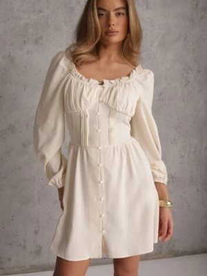 Jasnobeżowa Gorsetowa Sukienka Hiszpanka Vices z Guzikami i Bufiastymi Rękawami Resena