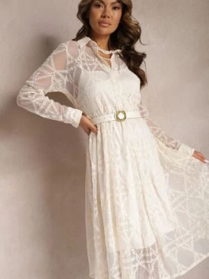 Jasnobeżowa Haftowana Sukienka Midi z Paskiem Binaela elsa.m by may