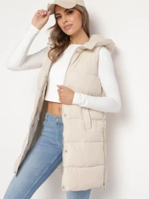 Jasnobeżowa Kamizelka o Długim Kroju Pikowana z Nieodpinanym Kapturem Celinesta melya by melody