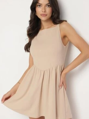 Jasnobeżowa Koktajlowa Rozkloszowana Sukienka z Wiskozą Tilavelle by swan