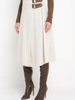 Jasnobeżowa Kopertowa Spódnica Midi z Gumką w Pasie i Ozdobnymi Paskami Melirine