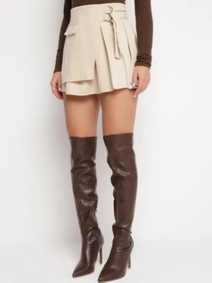 Jasnobeżowa Kopertowa Spódnica Mini z Ozdobnymi Paskami Conia new collection