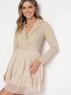 Jasnobeżowa Kopertowa Sukienka Mini z Paskiem i Tiulem na Dole Anaida pretty