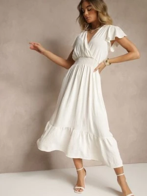 Jasnobeżowa Kopertowa Sukienka o Rozkloszowanym Fasonie z Gumką w Talii Reivione j&x