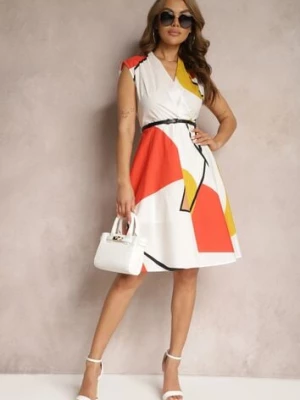 Jasnobeżowa Kopertowa Sukienka o Rozkloszowanym Kroju z Paskiem w Talii Anilvera sophyline