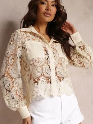 Jasnobeżowa Koronkowa Koszula z Kieszeniami Micielia