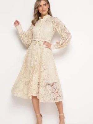 Jasnobeżowa Koronkowa Sukienka Midi z Wiązanym Paskiem Azraella elsa.m by may