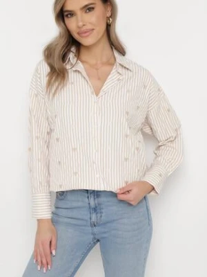 Jasnobeżowa Koszula Bawełniana w Paski z Haftowanymi Serduszkami Sanileni melya by melody