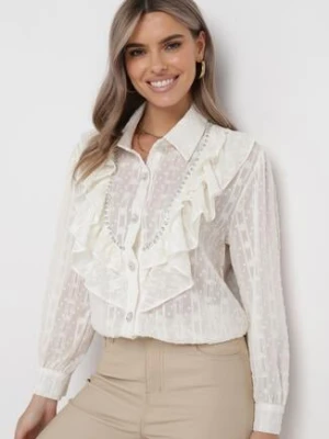 Jasnobeżowa Koszula Plumeti z Błyszczącą Nitką i Falbankami Banie elsa.m by may