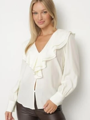 Jasnobeżowa Koszula Vices z Bufiastymi Rękawami i Żabotem z Falbanami Zoivia