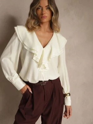 Jasnobeżowa Koszula Vices z Dekoltem z Falbanami i Bufiastymi Rękawami Zoiruna