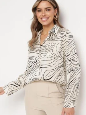 Jasnobeżowa Koszula z Długim Rękawem Zapinana na Guziki w Abstrakcyjny Wzór Jastar sophyline