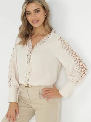 Jasnobeżowa Koszula z Koronkowym Rękawem i Dekoltem Audrina elsa.m by may