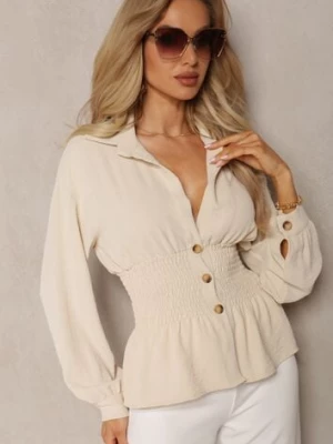 Jasnobeżowa Koszula z Marszczoną Talią i Ozdobnymi Guzikami Dapnelli new collection