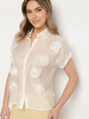 Jasnobeżowa Koszula Zapinana na Guziki Ozdobiona Aplikacją Opalea rosa