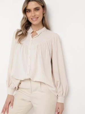 Jasnobeżowa Koszula ze Stójką z Lekko Bufiastymi Rękawami Himastia retro & icone