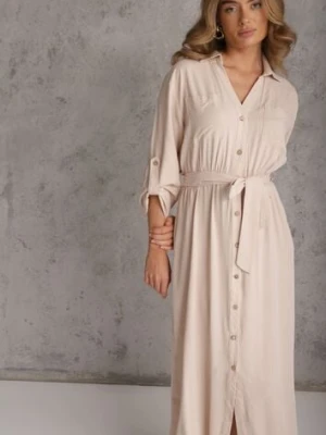 Jasnobeżowa Koszulowa Sukienka Utility z Bawełny z Wiązanym Paskiem w Talii Retona m&d fashion
