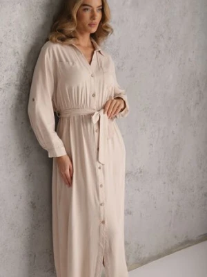 Jasnobeżowa Koszulowa Sukienka Utility z Bawełny z Wiązanym Paskiem w Talii Retona M&d Fashion Beżowy