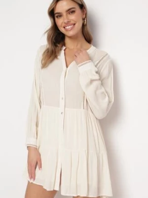 Jasnobeżowa Koszulowa Sukienka w Stylu Boho z Rozkloszowanym Dołem Liorda rosa