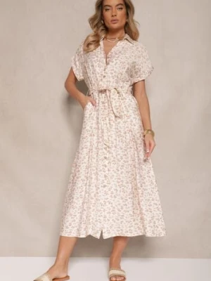 Jasnobeżowa Koszulowa Sukienka z Bawełny w Kwiatowy Print z Wiązanym Paskiem Amoisse m&d fashion