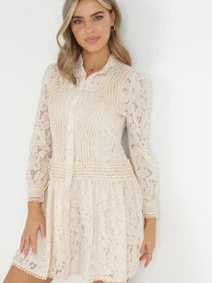 Jasnobeżowa Koszulowa Sukienka z Koronką Jolley elsa.m by may