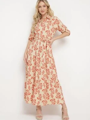 Jasnobeżowa Koszulowa Sukienka z Podwijanymi Rękawami Zapinana na Guziki z Paskiem w Pasie Illnara cflo