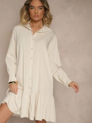 Jasnobeżowa Koszulowa Sukienka z Wiskozą Zakończona Falbanką Tirzedi j studio