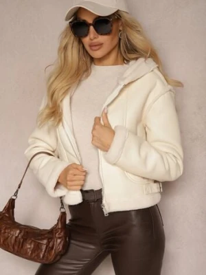 Jasnobeżowa Kurtka Biker o Krótkim Kroju z Kapturem i Futerkowymi Wstawkami Dailora metro five