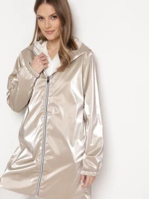 Jasnobeżowa Kurtka Dwustronna z Nieodpinanym Kapturem i Metalicznym Efektem Lirednil melya by melody
