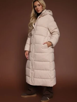 Jasnobeżowa Kurtka o Długim Kroju z Kapturem Ozdobiona Pikowaniem Aforriva melya by melody