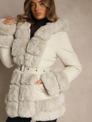 Jasnobeżowa Kurtka o Taliowanym Kroju z Paskiem Kapturem i Futerkiem Ranalia swest